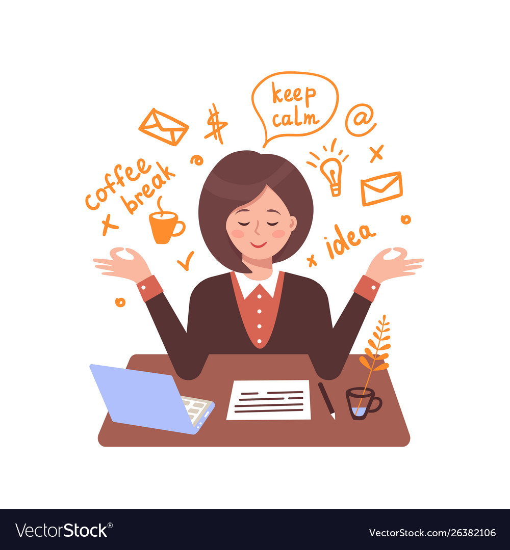 Secretary woman meditates in the workplace. Vector flat illustration with text elements.